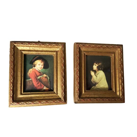 Vintage Set of Small Prints Boy and Girl Gold Framed Made in Italy - Picture 1 of 6